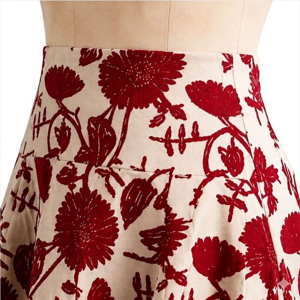GAP Vintage Y2K 100% Linen Floral A-Line Midi Skirt Red Tan Botanical Size 8 - Picture 2 of 9